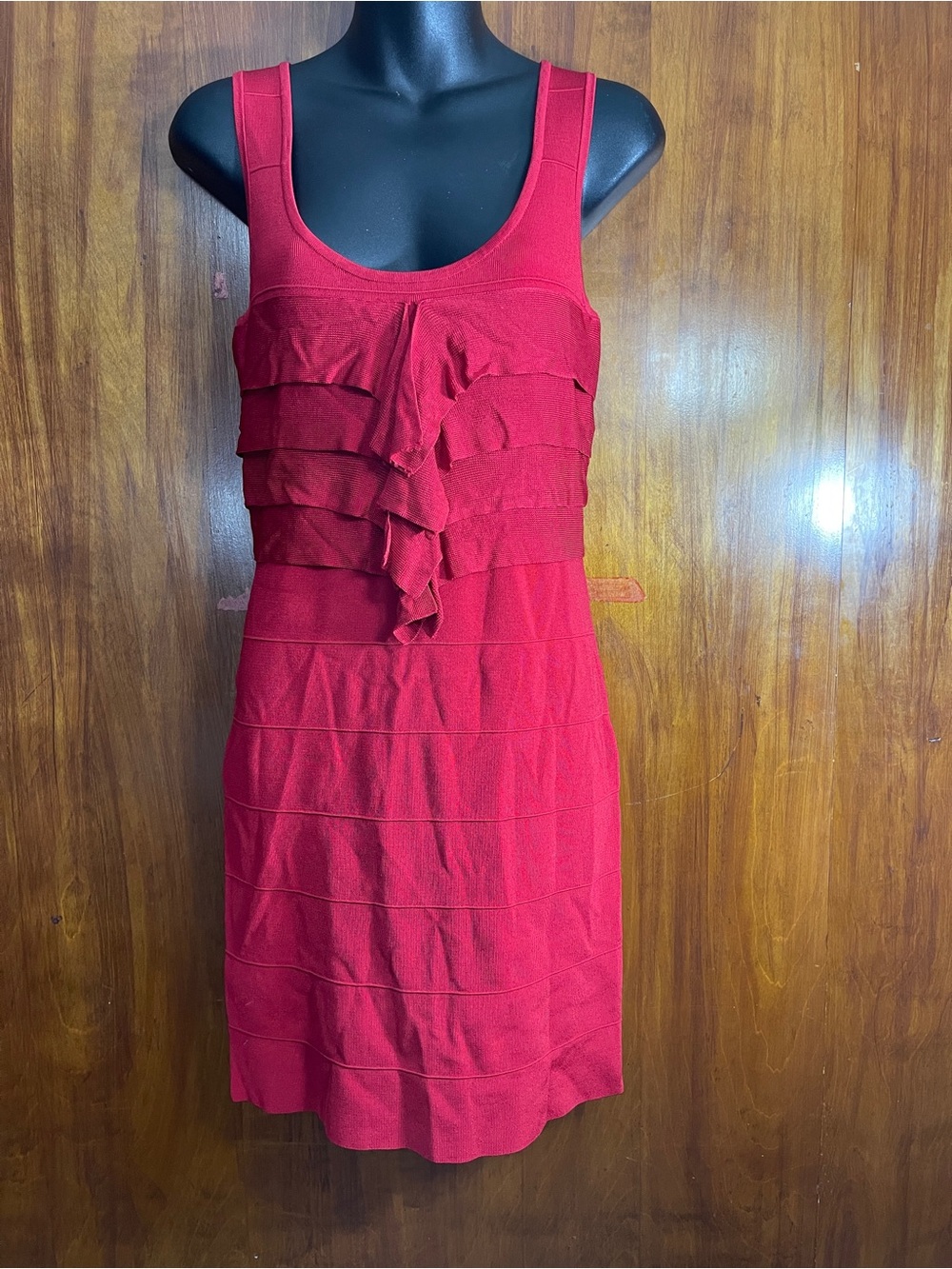 Express Red Bandage Bodycon Dress Ruffle Front Tiered Knit Size Medium